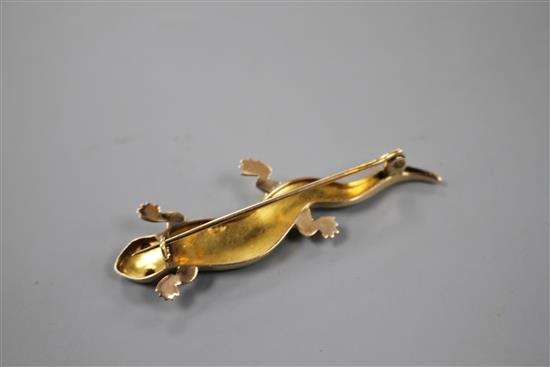 An Edwardian yellow metal(stamped 15), turquoise and seed pearl set lizard brooch, with gem set eyes, 55mm, gross 6.1 grams.